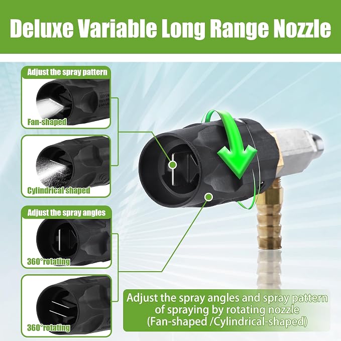 FIXFANS Adjustable Long Range Downstream Injection Nozzle Kit 4-4.5 GPM, 15FT Braid Hose, Pressure Washer Spray Nozzle, Power Washing External Chemical Injector, 1/4” Quick Connect, 2500 to 4000 PSI
