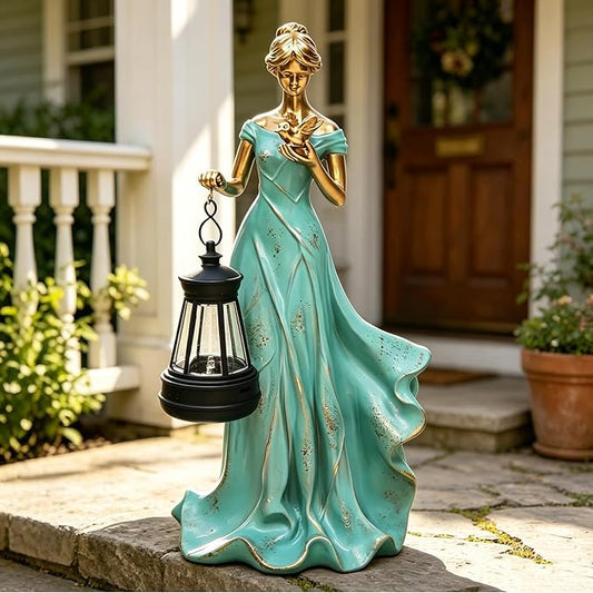 Solar Garden Statue Outdoor - Fairy Angel Statue Holding a Lantern, Waterproof Resin Vintage Green Girl Decoration for Yard Lawn for Woman Mom Grandma