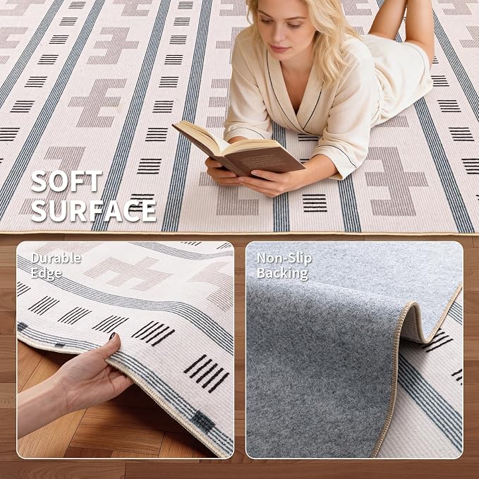 8x10 Washable Area Rug for Living Room, Neutral Geometric, Cream Beige | Southwestern Tribal Boho Pattern, Low Pile Non Slip Rug for Bedroom Dining Room Office, Soft Faux Wool