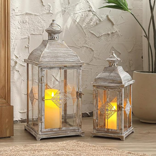 TRIROCKS 20"&15" H Large Decorative Candle Lantern Antique Grey Brush Outdoor Lantern Set with Tempered Glass Metal Candle Holder for Porch Ideal for Gardens Spring Home Decor Indoor Outdoor