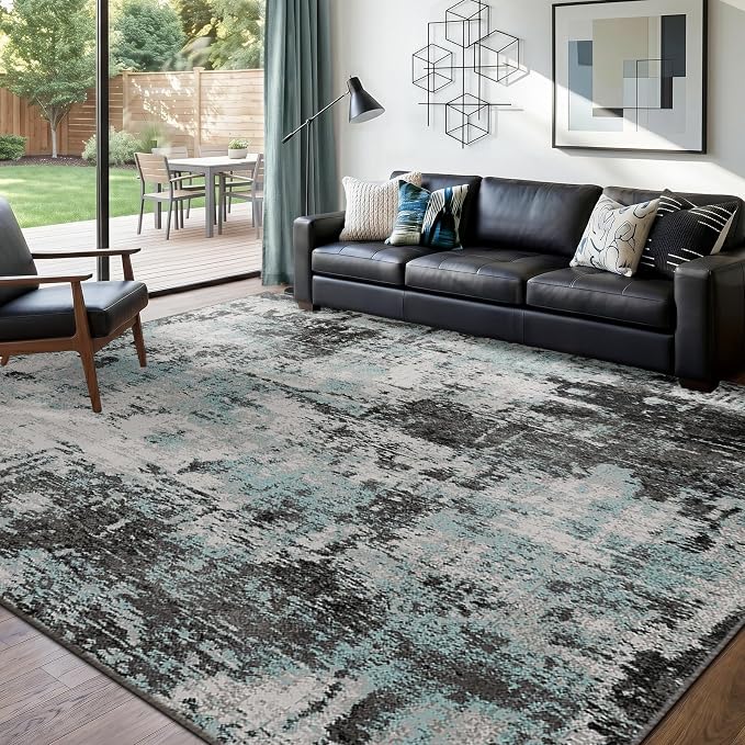 RELEANY Washable 9'x12' Abstract Area Rug for Living Room Teal Black | Carpet for Bedroom, Kitchen, Office, Hallway and Entryway, Printed Pattern, Non‑Slip, Soft, Stain‑Resistant, Easy to Clean