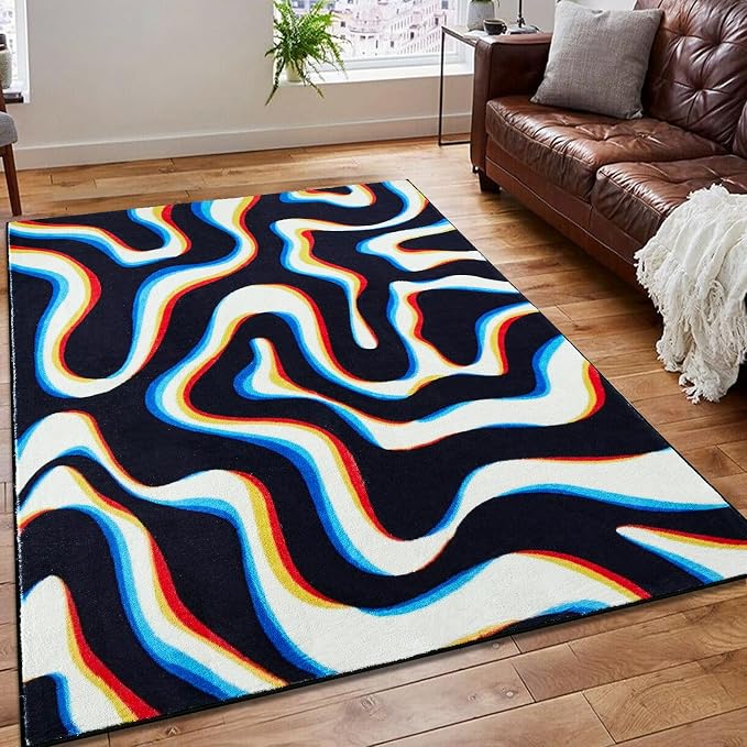 Trippy Abstract 6x9 Area Rug Ultra Thin Flatweave Funky Aesthetic Minimalist Cute Living Room Rug Colorful Black White, Retro Cool Washable Carpet for Kitchen Entryway Bedroom Office Dorm