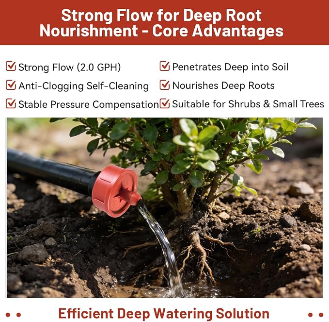 50 PCS 2 GPH Pressure Compensating Drip Irrigation Spot Dripper, Strong Flow Drip Irrigation Emitters Heads for Shrubs Small Trees, Irrigation Drippers Parts for Deep Root Outdoor Garden Irrigation