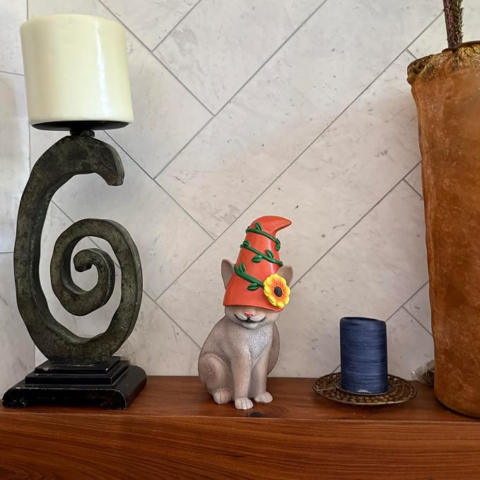 Cat Gnome 12" Tall (Gray) | Cute Outdoor Statues for Garden, Cat Home Décor, Hand-Painted and Original Design