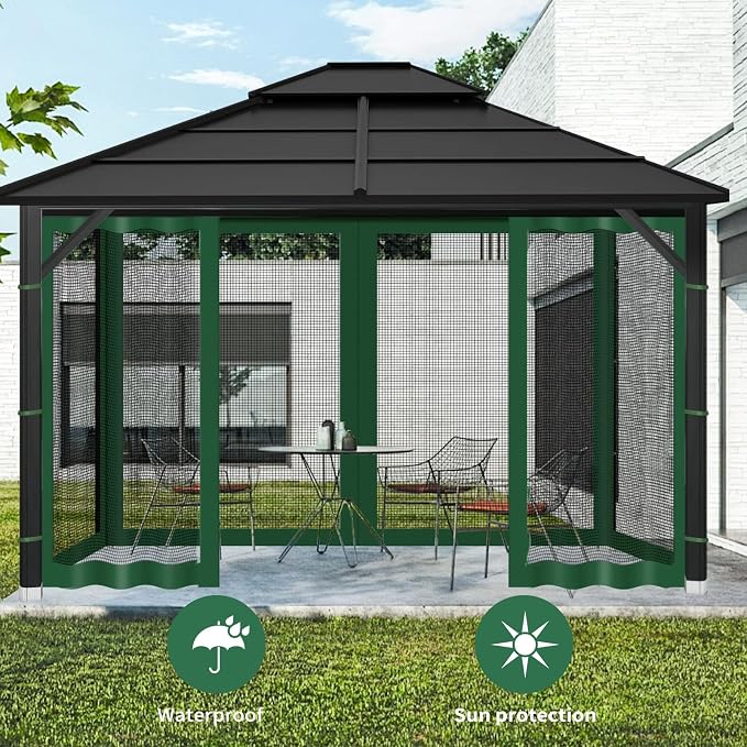 Gazebo Replacement Mosquito Netting Outdoor Universal Gazebo Canopy 4-Panels Screen Sidewalls with Zipper for Patio Garden (Green, 10x12)