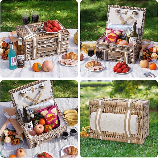 G GOOD GAIN Picnic Basket for 2 - Wicker Picnic Set with Waterproof Blanket| Large Picnic Hamper with Insulated Cooler & Cutlery Kit for Couples Camping,White Flower,15x11x7.5inch