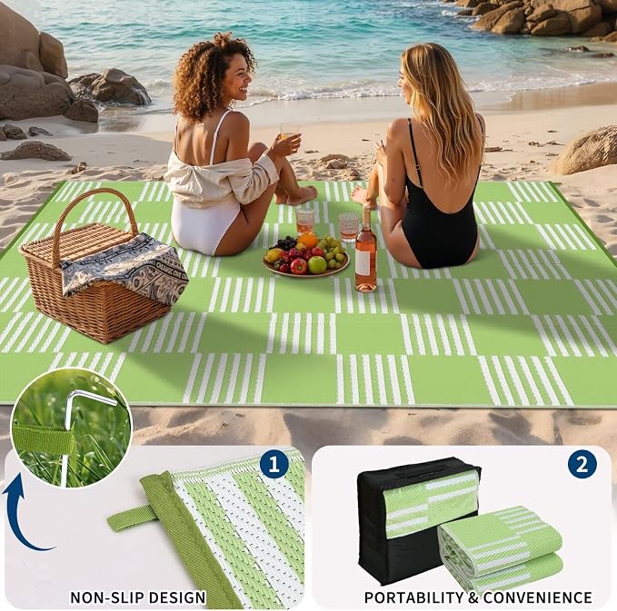 Garvee Waterproof Outdoor Rug 10x14, Checkered Foldable Plastic Straw Patio Camping Rug, Outdoor RV Carpet for Deck Camper Porch Balcony Backyard Picnic Beach Green and White