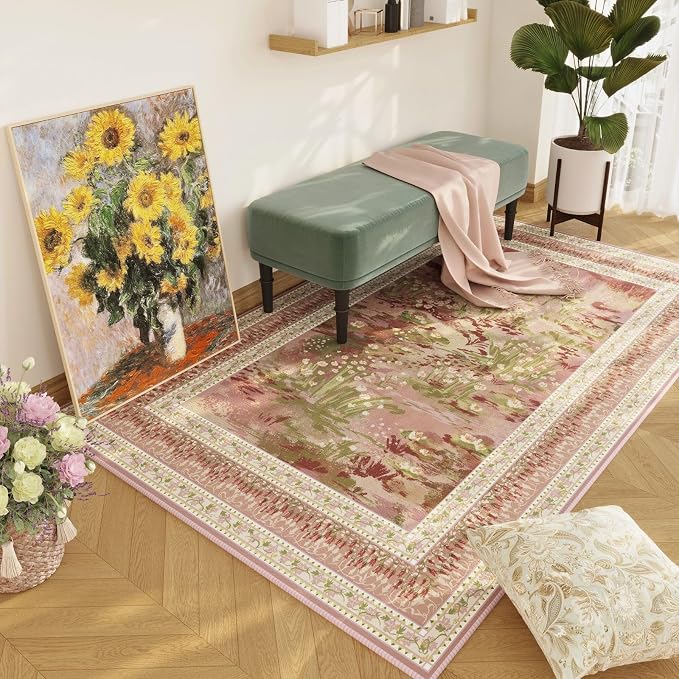Rugcomf 4x6 Rug for Bedroom Impressionist-Style Vintage Washable Rugs Non Slip Low Pile Small Carpet for Bedside Kids Room Office Dining Room, Pink