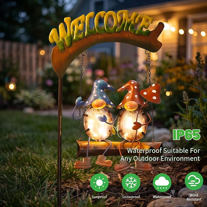 Gnomes Garden Decor Solar Lights, 48 Inch Welcome Sign Swing Yard Decorations Outdoor Decorative Stake for Lawn Porch Backyard Patio, Gnome Gardening Gifts for Women Mom