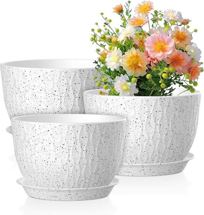 Meowell 12/10/9 inch Large Flower Pots, 3 Set Big Plant Pots for Outdoor Indoor Plants with Water Ripples, Wide Plastic Planters with Drainage Holes and Saucers for Garden House Plants, Speckled White