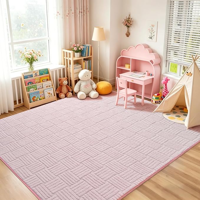 5x7 Pink Washable Shag Area Rug for Girls Bedroom, Modern Geometric Non Slip Living Room Rugs, Fluffy Soft Thick Carpet for Kids Room, Dorm, Office, and Home Decor