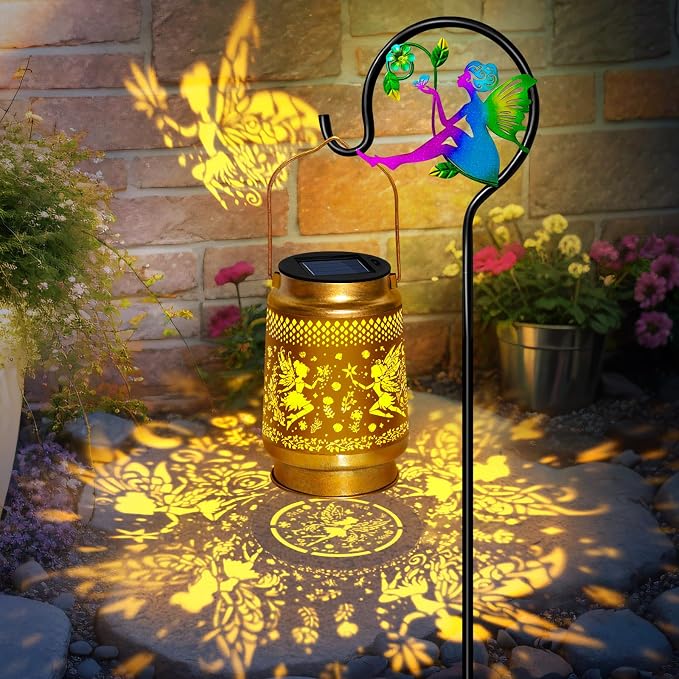 2 Packs Fairy Solar Lanterns Outdoor Waterproof with Shepherd Hook,Hanging Solar Lights Fairy Garden Decor,Christmas Decorations Gifts for Women Grandma,Metal Decorative Lanterns for Yard,Patio,Porch