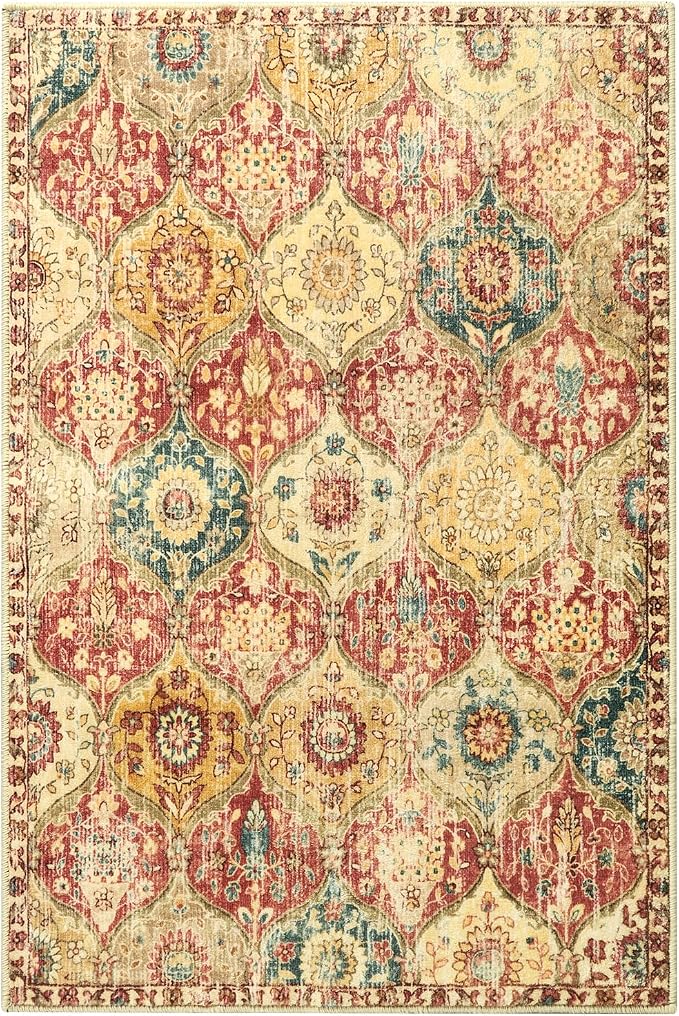 Lahome Moroccan Trellis Washable Rug, 2x3 Bathroom Rugs for Kitchen Entryway, Non-Slip Indoor Door Mat Ultra-Thin, Small Oriental Throw Carpet for Bedroom Entry Elise, Red/Orange