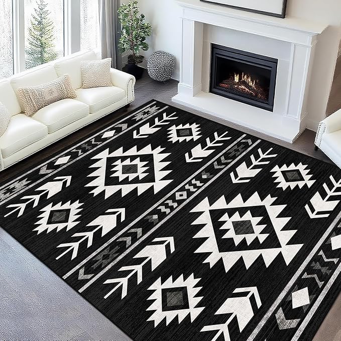 Area Rug 5x7 Western Rug Living Room Southwestern Aztec Tribal Rugs Southwest Navajo Machine Washable Non-Slip Printed Low-Pile Floor Carpet for Bedroom Dining Room Office, Black