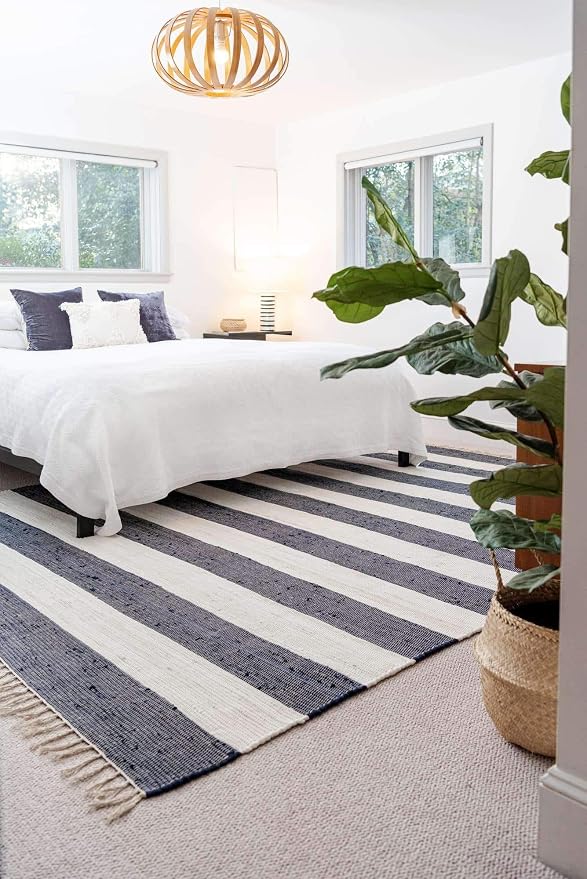 Unique Loom Chindi Rag Collection Area Rug - Striped (8'x 10' Rectangle, Navy Blue/ Ivory)
