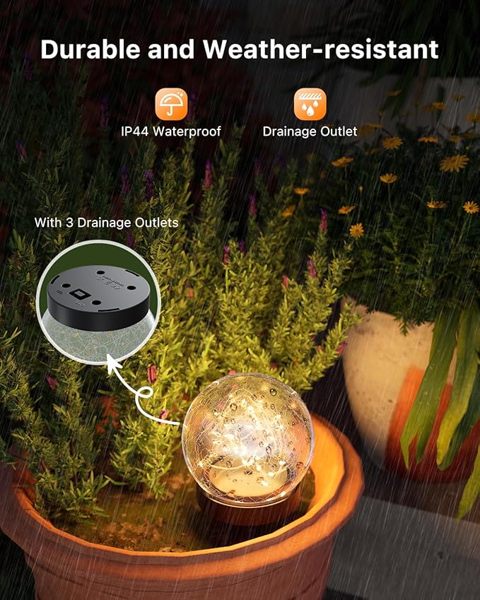 4 Pack 4.72" Warm White Solar Powered Cracked Glass Globe LED Light | Outside Waterproof Decorative Table Ball Lamps, for Garden, Step, Yard, Deck, Pathway, Backyard Decoration Easy to Install
