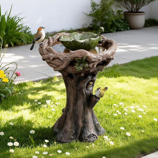 29.5" Bird Bath and Bird Feeder Combo for Garden - Tree Stump Design Resin Birdbath with Leaf Shape Seed Tray and 3D Bird Ornaments, Weather Resistant Garden Statue for Yard & Patio Decor (Brown)
