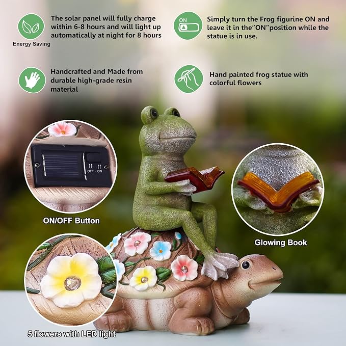 Nacome Solar Frog Riding Turtle Statue for Garden Decor | Outdoor Statues for Patio, Yard, Balcony Ornament, Turtle Gifts for Women/Mom/Grandma, Mom's Best Gift