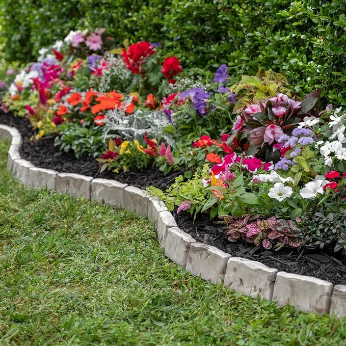 EasyFlex No-Dig Landscape Edging with Anchoring Spikes, 2.7 in. Tall Decorative Stone-Look Garden Border, 90 Foot Kit, Brown (3602B-90C)