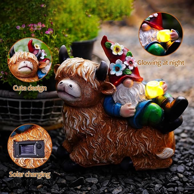 Pohabery Garden Gnomes Decor Outdoor Statues Gnome on Highland Cow Hold Solar Cup Light Outdoor Decorations for Patio,Yard and Gift for Mom（L