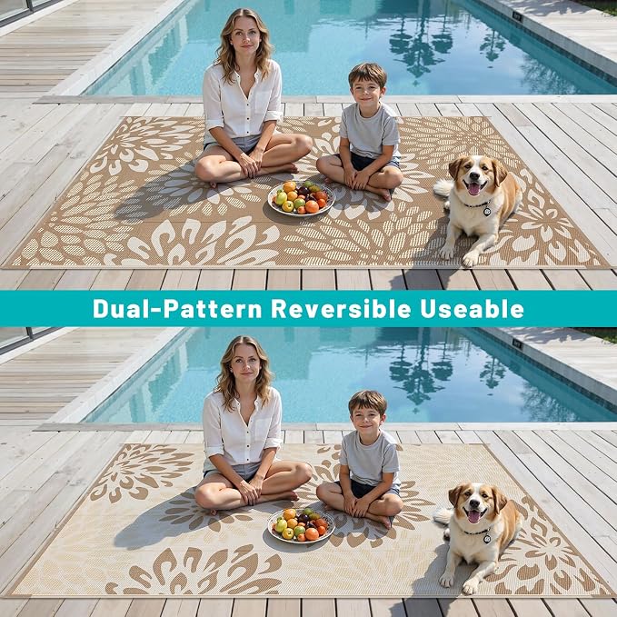 HEBE Waterproof Outdoor Rug 8x10 for Patios, Floral Reversible Plastic Straw Rug Patio Mat, Indoor Outdoor Carpet RV Mat Camping Rug for Deck, Camper, Porch, Balcony, Backyard, Picnic