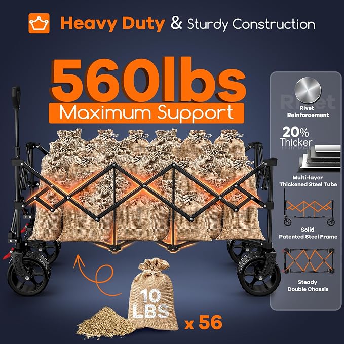 Originsure 48" L Collapsible Wagon Cart Foldable, 560lbs Weight Capacity 300L Heavy Duty Folding Beach Wagons with Big All-Terrain Wheels, Utility Carts for Groceries, Camping, Sports - Grey&Red