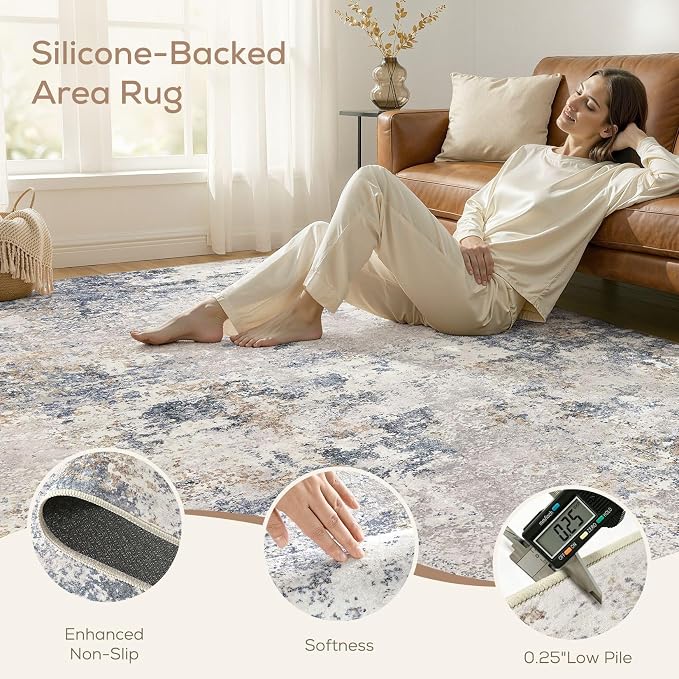 Nakagishi 10X14 Abstract Washable Area Rugs for Living Room-Blue Grey | Modern Non-Slip Silicone Backing Low Pile Soft Carpet for Bedroom Dining Decor Ideal for Families with Kids and Pets