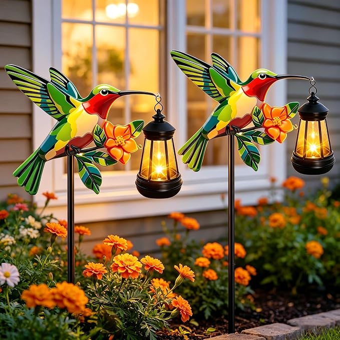 2 Pack Hummingbird Solar Garden lights Outdoor Waterproof, Gifts for Women Mom Grandma Daughter, Stake lights with Solar Lantern, Hanging Solar Lights, Solar Path Light Yard Outside Patio Garden Decor