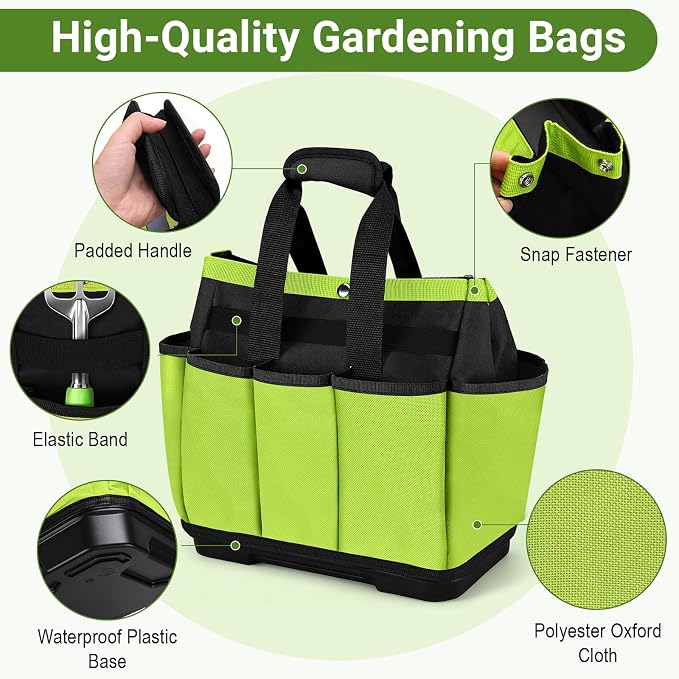 Garden Tool Bag with Waterproof Plastic Base, Heavy Duty Oxford Garden Tote Caddy with 8 Pockets, Standable Home Tool Kits Organizer for women and men (Tools are not included)