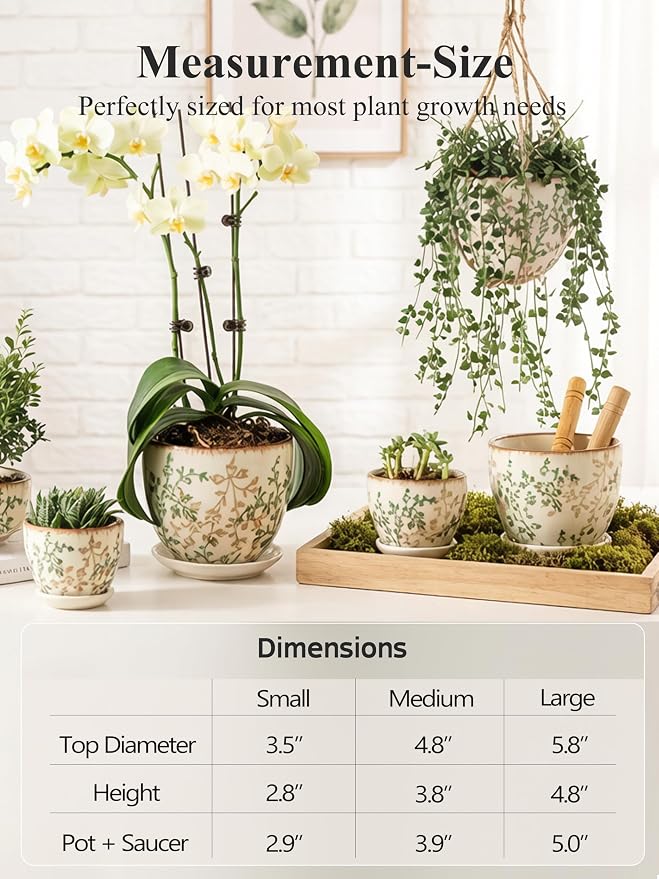 Ceramic Plant Pots, Vintage Succulent Pots, Plant Pots Indoor Set of 4, Planters with Drainage and Attached Saucer, 4.8 Inch Floral Flower Pots for Home Decor, Plant Lover Gifts