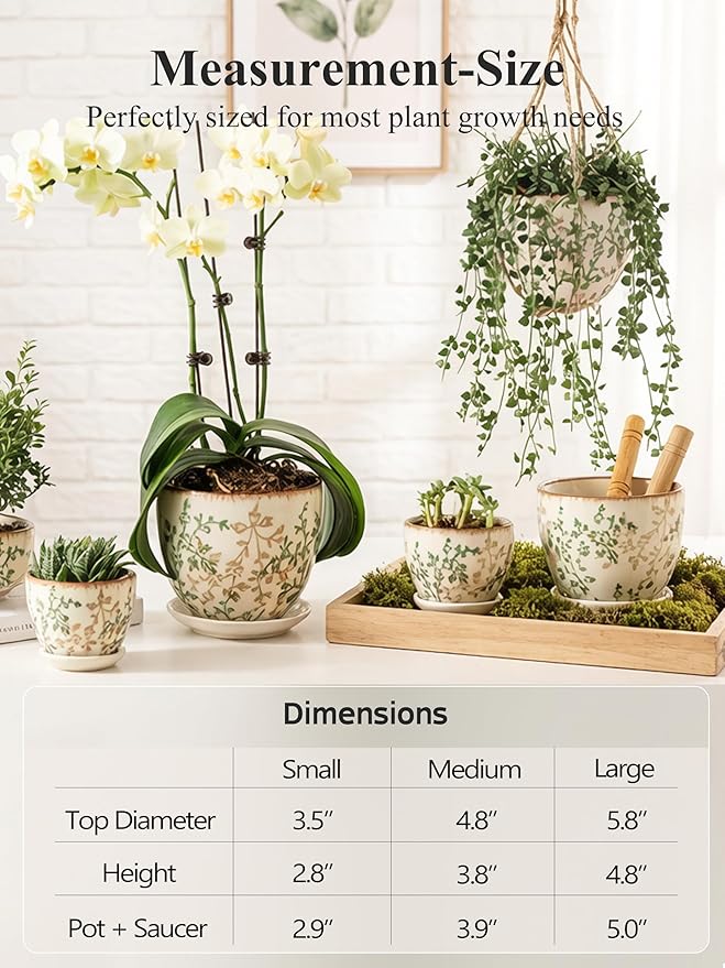 Retro Ceramic Garden Pots, 5.8 Inch Plant Pots with Drainage and Attached Saucer Set of 4, Chinoiserie Floral Large Flower Pots for Home Decor, Plant Lover Gifts, White Green