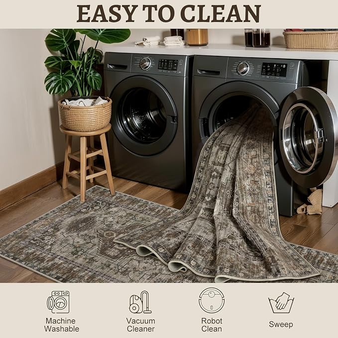 Tangsoo Vintage 2.6x10 Washable Hallway Runner Rug, Non Slip Runner Rug | Oriental Soft Low Pile Long Rug Runner, Boho Print Carpet Runners for Hallway Kitchen Bedroom Entryway Living Room Grey