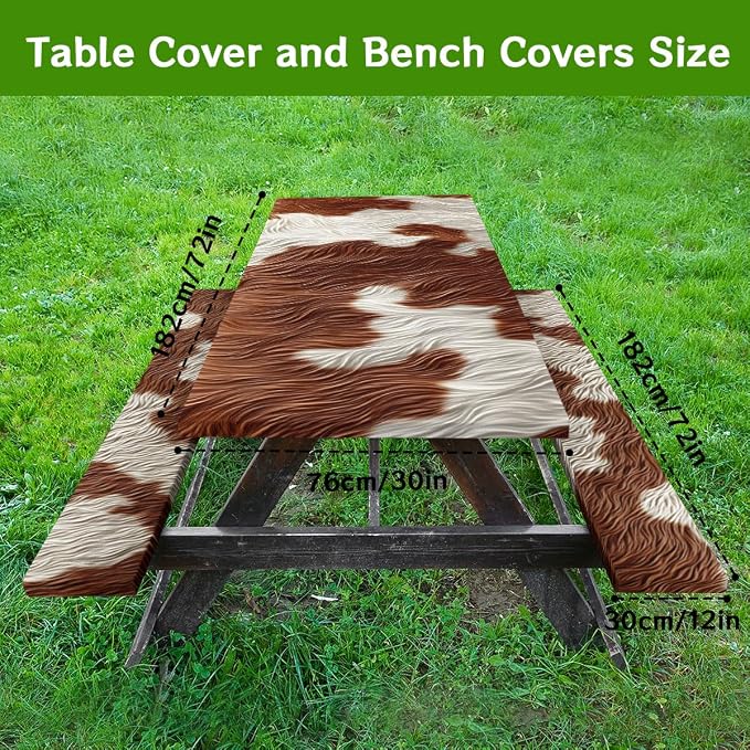 Cow Fur Texture Picnic Table Cover with Bench Covers and Carrying Bag, Cowhide Animal Brown Fur Pattern Rectangle Table Cover, Outdoor Patio Camping Essentials 6FT 4PCS, Camping Fitted Tablecloth