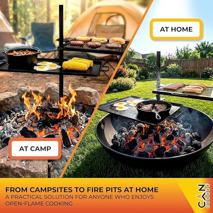 GameMaker Open Fire Cooking Griddle – Portable Campfire Griddle for Open Flame Cooking, Firepits, Outdoor Fire Rings & Camping – Heavy-Duty, Easy Setup & Adjustable Height