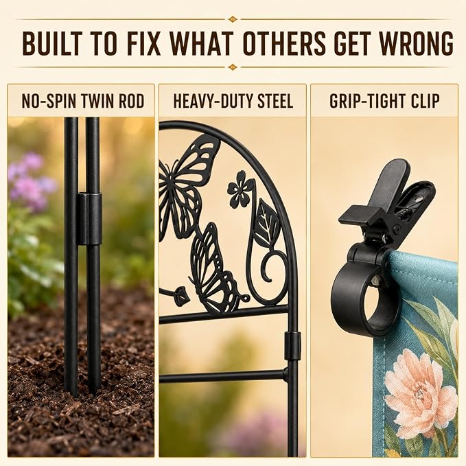 AceList Garden Flag Stand Holder for Outside, Butterfly Decorative Metal Yard Flag Pole with 2 Anti-Wind Clips, Heavy Duty Rustproof Holder for 12x18 Seasonal Garden Flags, Spring Yard Outdoor Decor