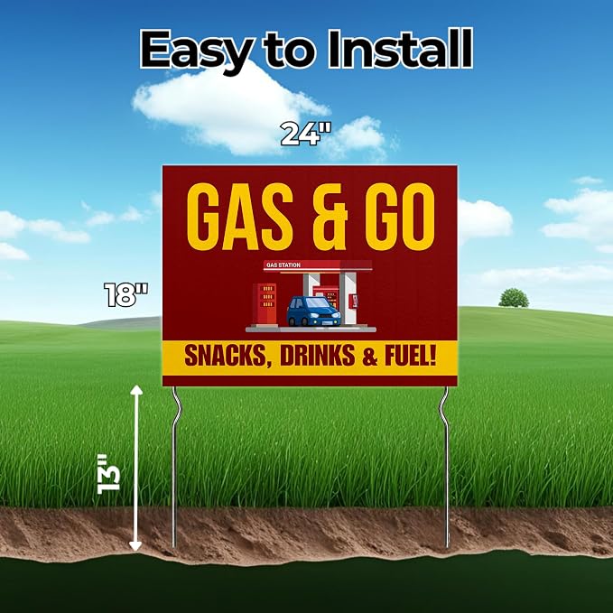 Gas & Go - Snacks, Drinks & Fuel! Yard Sign by DC | 24"x18" Double Sided Conv. Store Garden Sign with 13” Metal Stakes | Outdoor Signs Waterproof for Lawn, Patio, Sidewalk & House | Set of 2