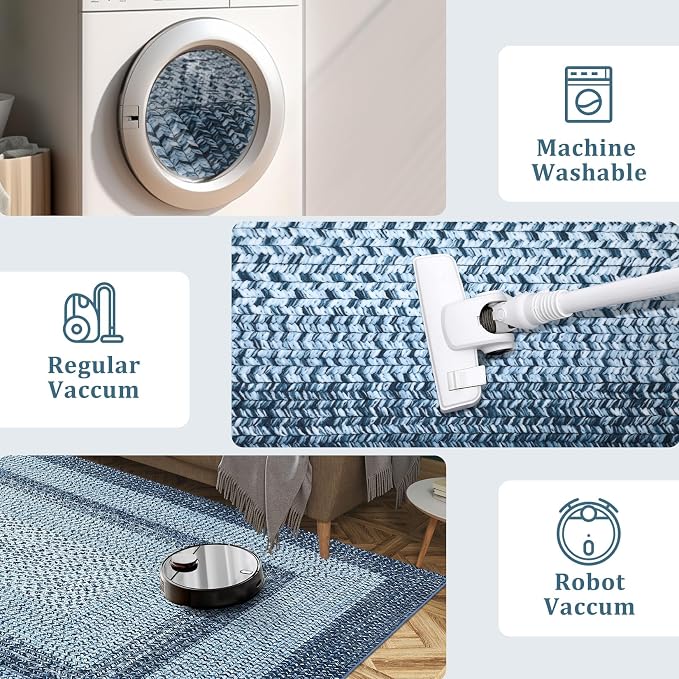 RUGSREAL Washable 2x10 Runner Rug for Hallway Kitchen Modern Runner Rugs | Long Runner Throw Carpet with Rubber Backing, Stain Resistant Braided Printed Entryway Carpet for Bedroom Living Room, Blue