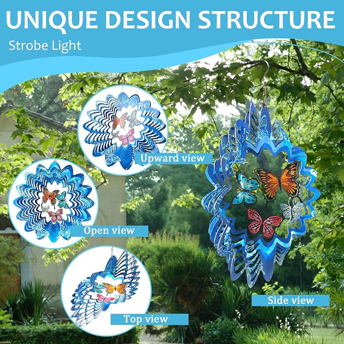 Butterfly Wind Spinners,12In Stainless Steel 3D Wind Spinner for Yard and Garden,Butterfly Gifts for Women Mom Grandma Wife Father,Outdoor & Indoor Hanging Kinetic Yard Art Decorations