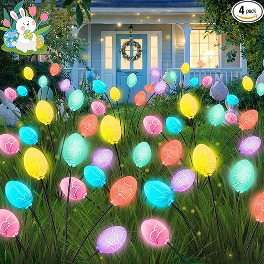 Upgraded 4 Pack Solar Easter Egg Lights Outdoor, Colorful Swaying Firefly Lights with 2 Lighting Modes, Waterproof Solar Pathway Lights for Spring Garden Lawn Yard Patio Porch Easter Decorations