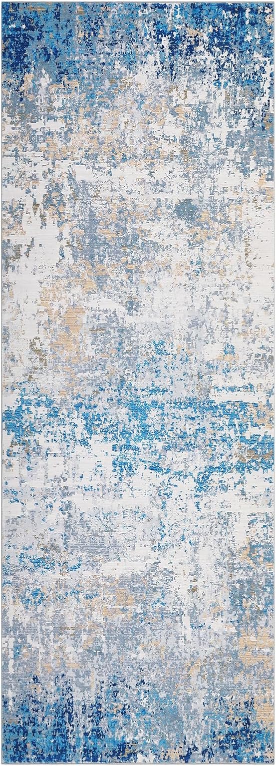 ROYHOME Modern Abstract 2x8 Runner Rug Non Slip, Blue/Grey | Non Shedding Rug Low Pile Stain Resistant for Bedroom Hallway Kitchen