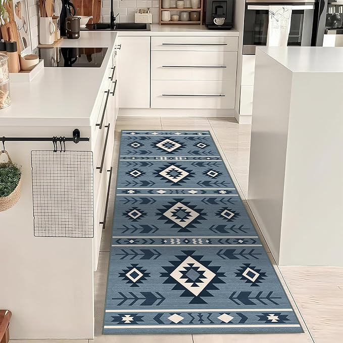 Western Runner Rug 2x6 for Hallway Kitchen Bedroom, Southwestern Aztec Tribal Runner Rugs Southwest Navajo Machine Washable Rug Non-Slip Printed Low-Pile Floor Carpet Mat for Living Room, Blue