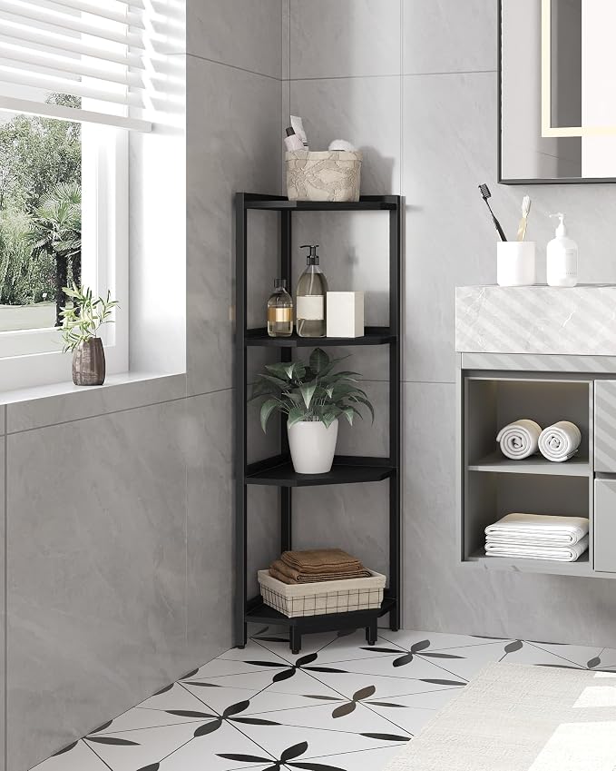 Hzuaneri Corner Shelf Stand, Corner Bookshelf, Storage Standing Shelf Unit with Metal Frame, Plant Stand, Bookcase for Living Room, Home Office, Bedroom, 4-Tier Black CS05806B