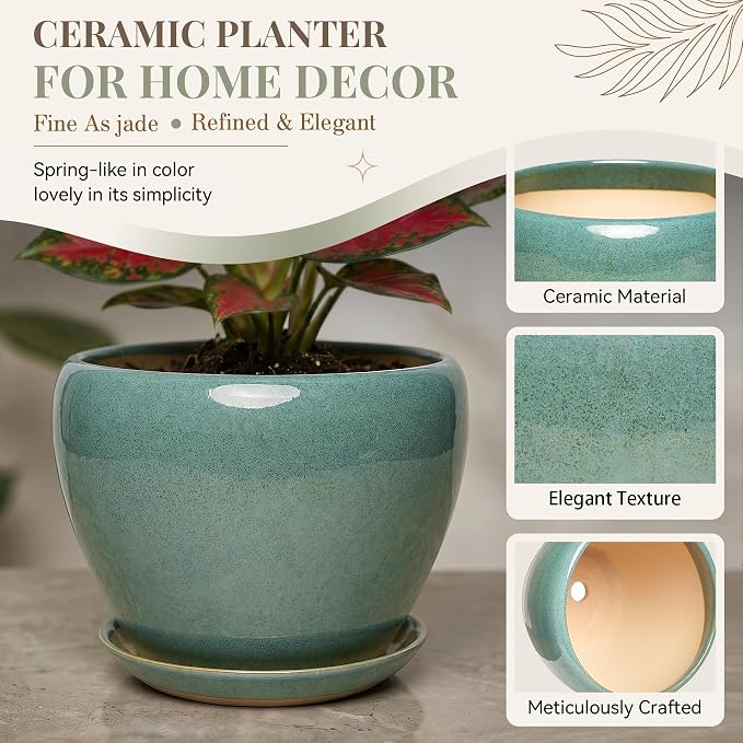 9.5 Inch Ceramic Plant Pot with Drainage Hole Mesh Net,Modern Gardening Pots for Indoor Plants with Saucer, Blue-Green