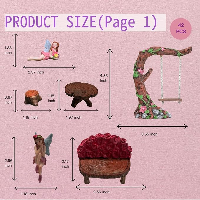 Swing Set of 42 Pcs Miniature Fairy Garden Accessories Outdoor Decor Figurines, Mini Whimsical Ornaments and Decorations for Patio, House, Garden, Desk, Yard Supplies