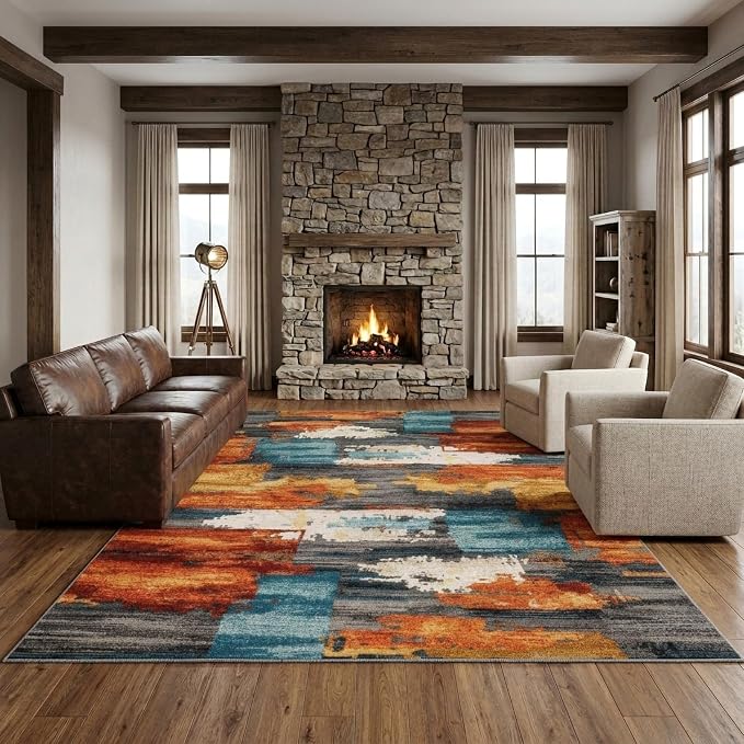 6x9 Burnt Orange and Teal Abstract Brushstroke Area Rug | Soft Low-Pile Machine-Washable Rug with Non-Slip Backing for Dining Rooms, Entryways and Reading Areas for Easy Everyday Care