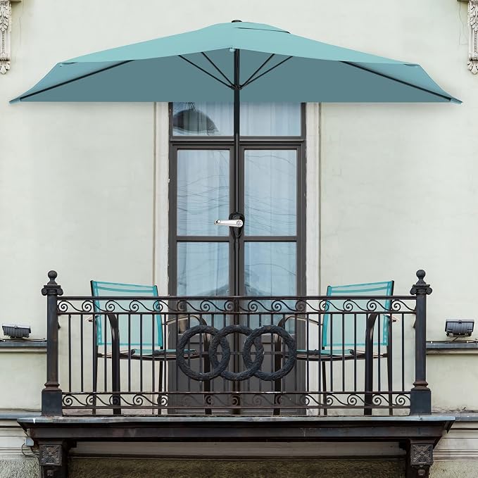 Half Umbrella Outdoor Patio Shade - 9 ft Patio Umbrella with Easy Crank - Small Canopy for Balcony, Table, or Deck by Pure Garden (Lake Blue)