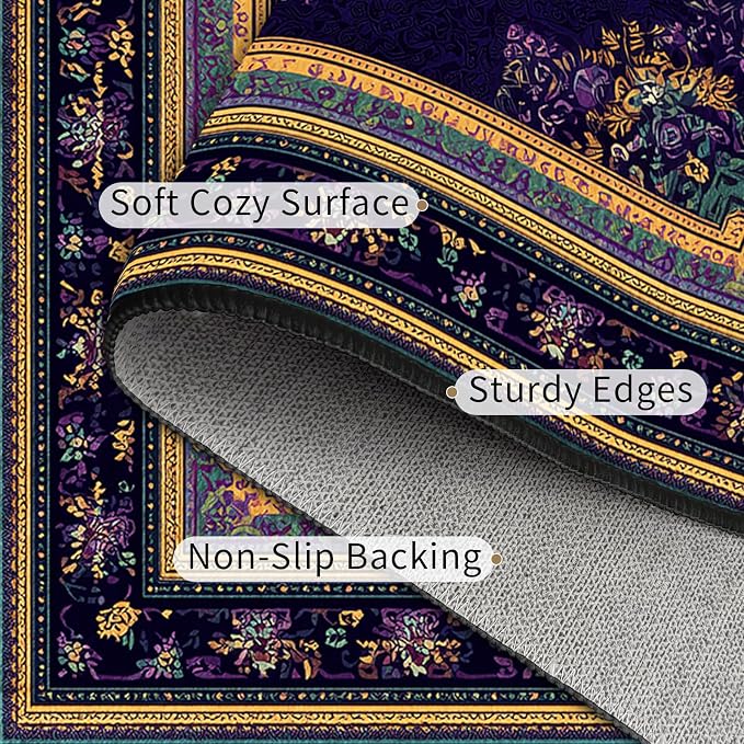 Vintage Boho Purple Area Rug 5x7 Violet Oriental Rugs Living Room Bedroom | Purple Gold Carpet, Soft Washable, Non-Slip Stain Resistant, Pet Friendly, Easy to Clean