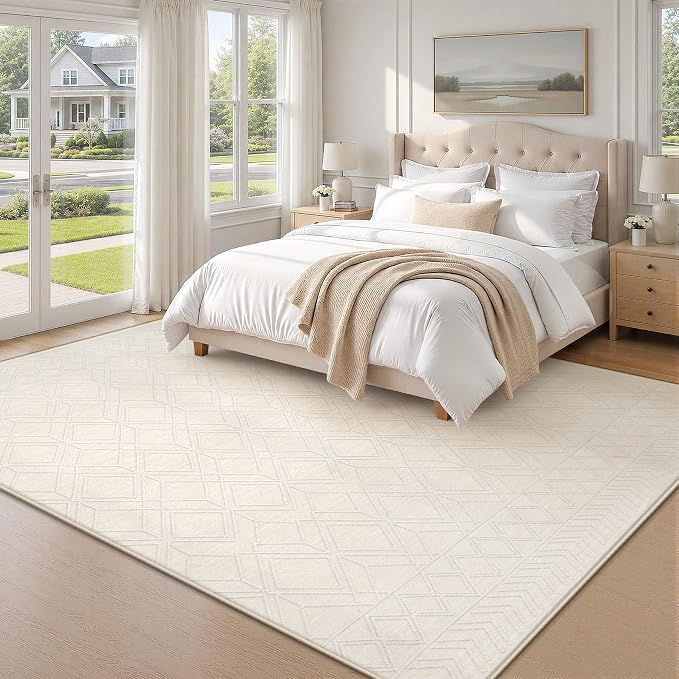 6x9 Area Rugs Washable Rug: Geometric Moroccan Farmhouse Rugs Large Living Room Rug Modern Neutral Soft Non-Slip Printed Pattern Carpet for Bedroom Dining Room Nursery Office (Beige, 6'x9')
