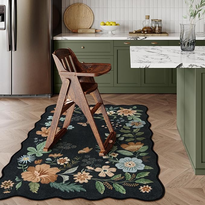 Lahome Floral Washable Rug, 3x5 Rug Soft Bedroom Rugs for Entryway Dorm | Ultra-Thin Boho Rugs for Living Room Stain Resistan Flore Carpet for Nursery Entrance Black/Grey