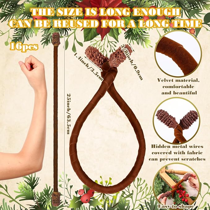 Jutom 16 Pcs 20 Inches Christmas Velvet Garland Ties Decorative Banister Twist Ties Reusable and Flexible for Xmas Light Banisters Home Stairways Railings Decoration(Brown)